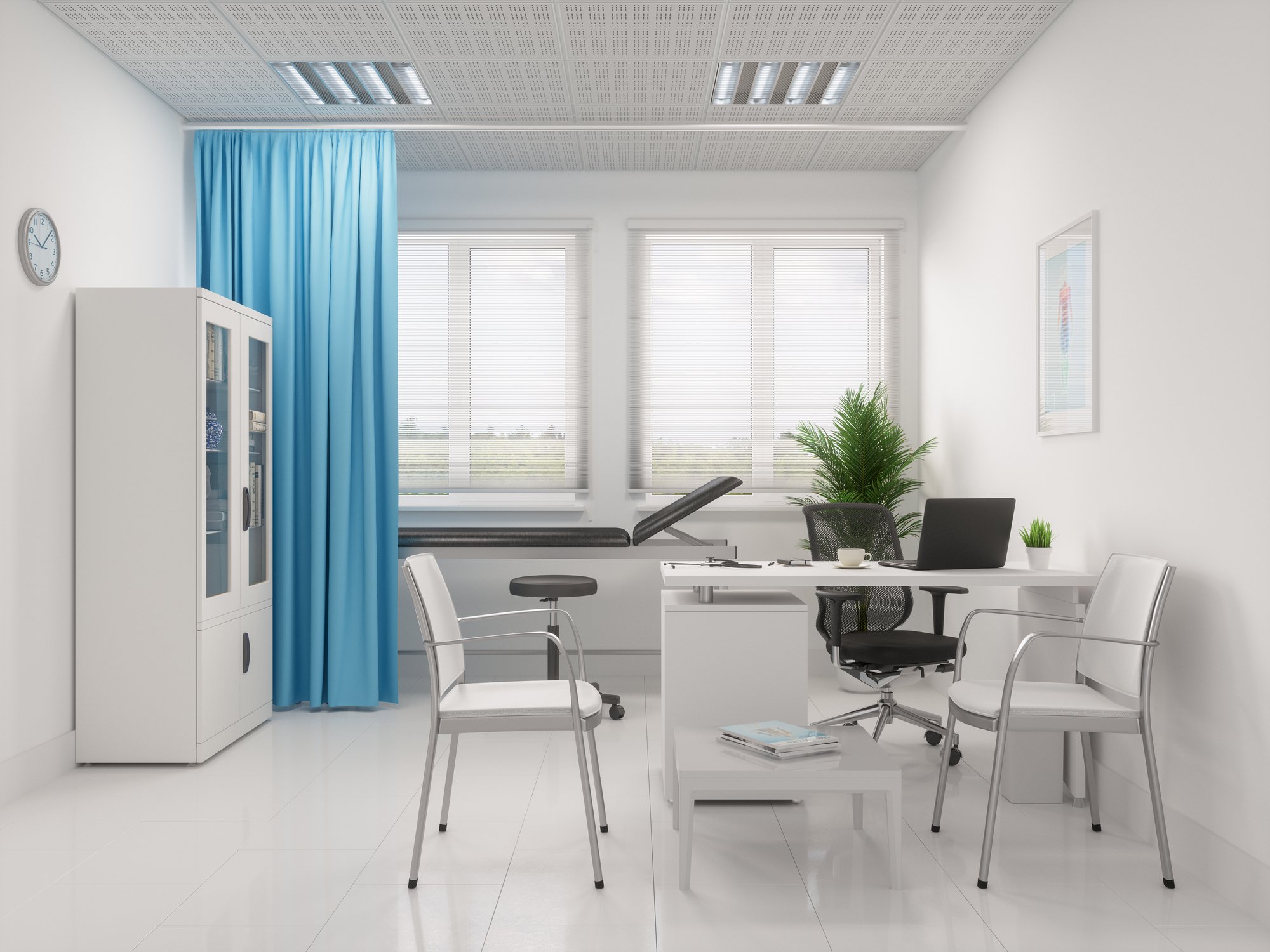 The interior of a modern doctor's office.